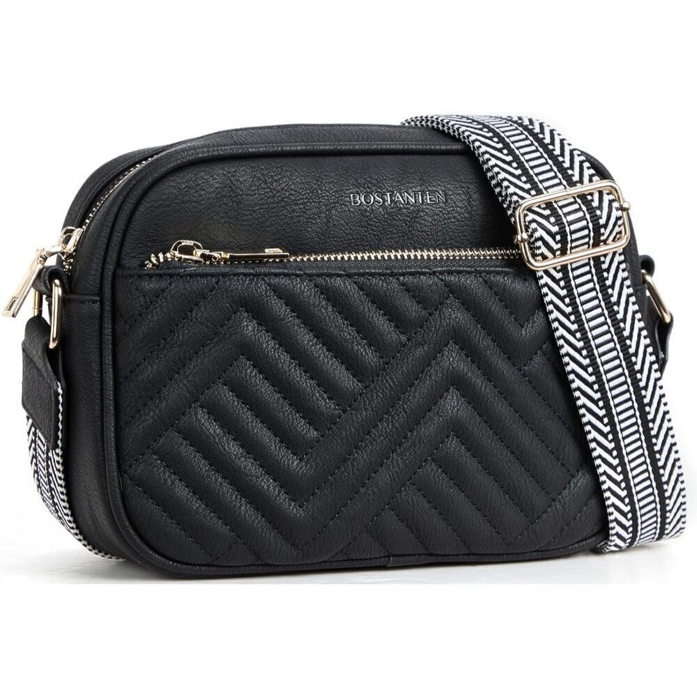 Quilted Vegan Leather Crossbody Black Bag Women Wide Strap and Shoulder Use